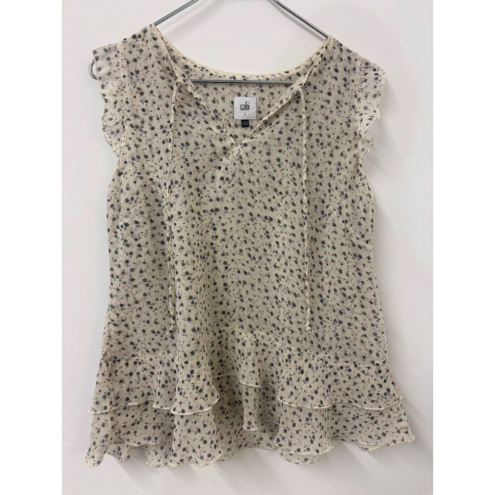 Womens CAbi Ruffle Blouse Top Sleeveless Floral Tie Front Small